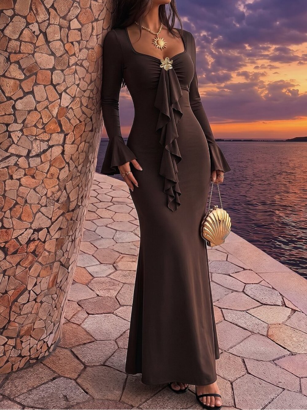 Brown Elegant Party Women's 3d Draped Ribbon Long Sleeve Bodycon Mermaid Dress